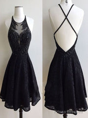 Custom Made Round Neck Backless Short Black Lace Prom Dresses, Short Black Lace Formal Dresses
