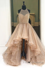 Custom Made Round Neck High Low Champagne Formal Prom Dress, High Low Formal Dress