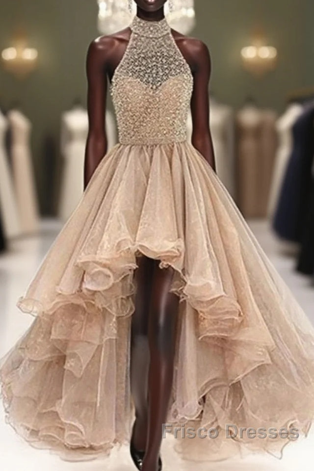 Custom Made Round Neck High Low Champagne Formal Prom Dress, High Low Formal Dress Main image