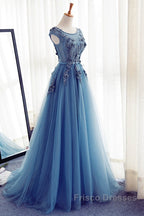 Custom Made Round Neck Sleeveless Lace Formal Prom Dress, Blue Lace Formal Dress