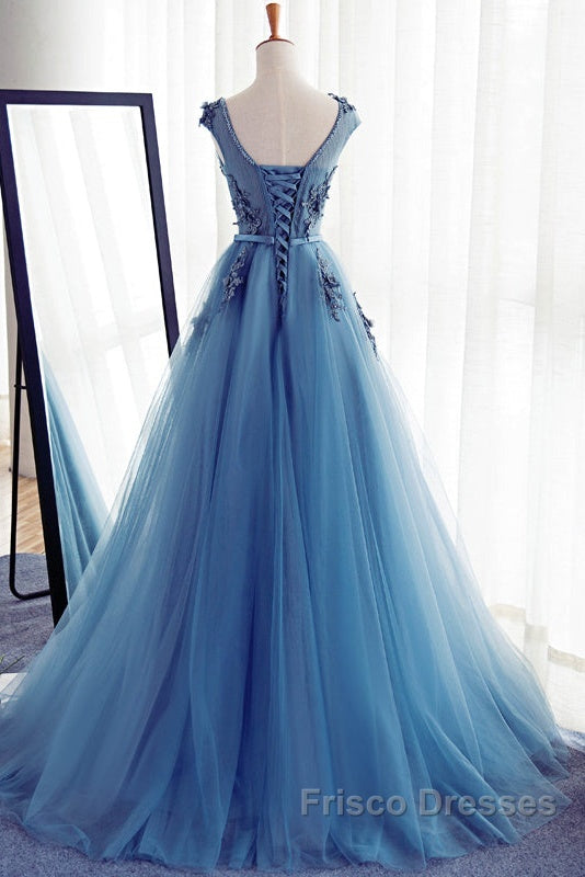 Custom Made Round Neck Sleeveless Lace Formal Prom Dress, Blue Lace Formal Dress