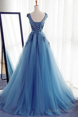 Custom Made Round Neck Sleeveless Lace Prom Dress, Blue Lace Formal Dress