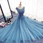 Custom Made Round Neck Sleeveless Lace Formal Prom Dress, Blue Lace Formal Dress