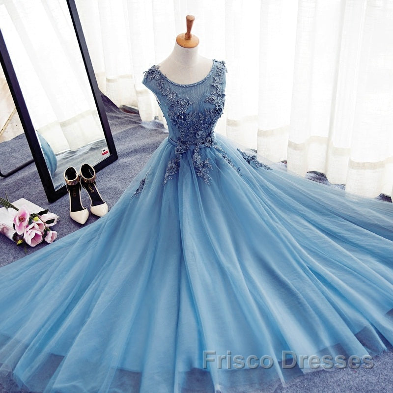 Custom Made Round Neck Sleeveless Lace Formal Prom Dress, Blue Lace Formal Dress
