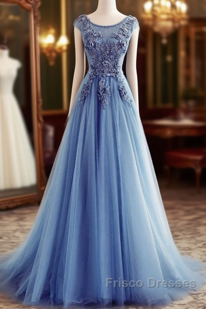 Custom Made Round Neck Sleeveless Lace Formal Prom Dress, Blue Lace Formal Dress Main image