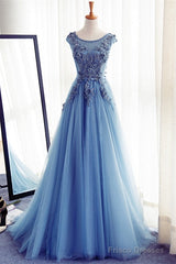Custom Made Round Neck Sleeveless Lace Prom Dress, Blue Lace Formal Dress