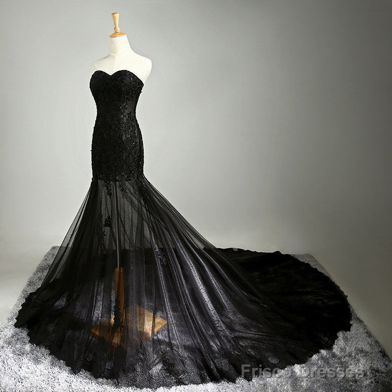 Custom Made Sweetheart Neck Mermaid Black Lace Prom Dresses With Sweep Train, Black Lace Formal Dresses