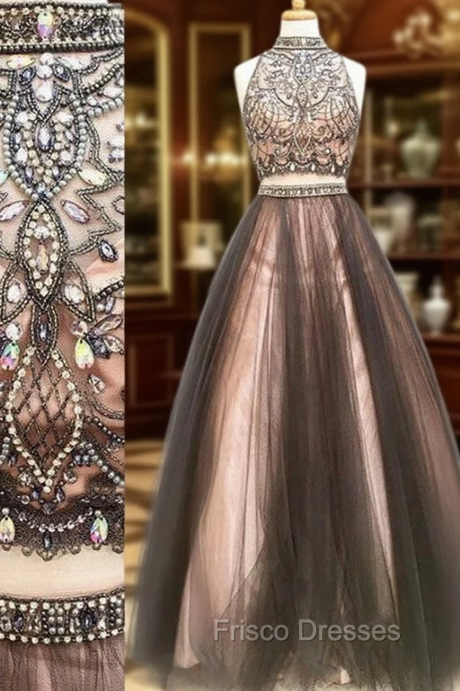 Custom Made Two Pieces Tulle Long Formal Prom Dress, Black Evening Dress Main image