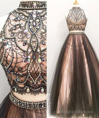 Custom Made Two Pieces Tulle Long Prom Dress, Black Evening Dress