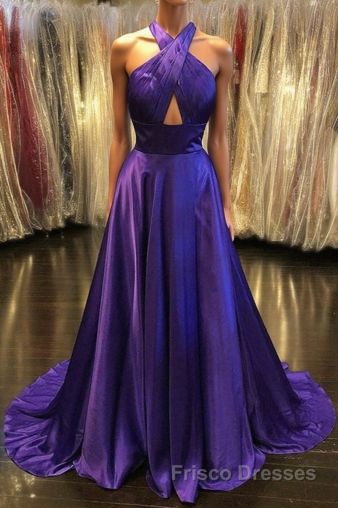 Custom Made Unique Backless Purple Satin Long Formal Prom Dresses, Backless Purple Formal Dresses, Purple Evening Dresses Main image
