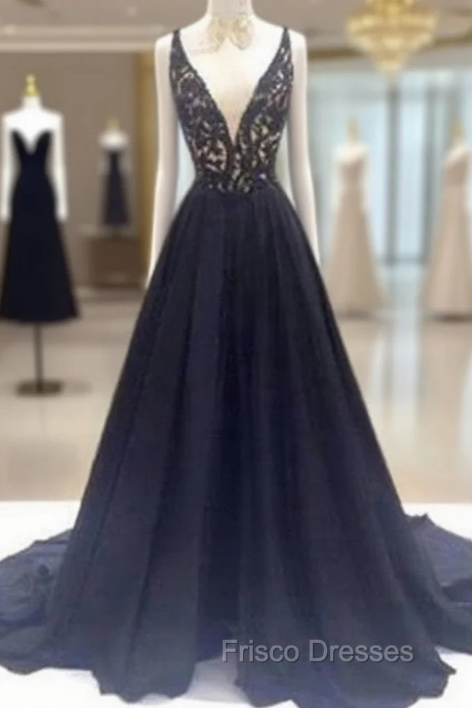 Custom Made V Neck Sweep Train Long Black Lace Formal Prom Dress, Black Long Lace Formal Dress