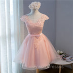 Custom Pink Lovely Cap Sleeves Knee Length Formal Dress, Pink Tulle Formal Prom Dress