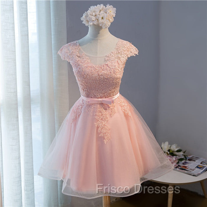Custom Pink Lovely Cap Sleeves Knee Length Formal Dress, Pink Tulle Formal Prom Dress
