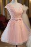 Custom Pink Lovely Cap Sleeves Knee Length Formal Dress, Pink Tulle Formal Prom Dress