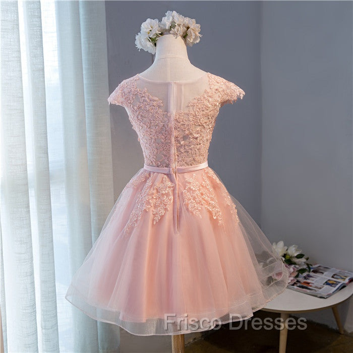 Custom Pink Lovely Cap Sleeves Knee Length Formal Dress, Pink Tulle Formal Prom Dress