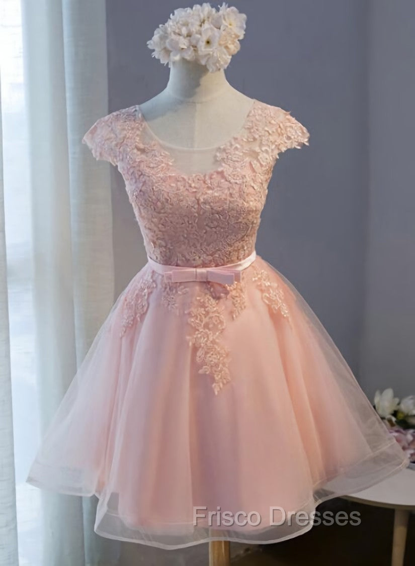 Custom Pink Lovely Cap Sleeves Knee Length Formal Dress, Pink Tulle Formal Prom Dress Main image