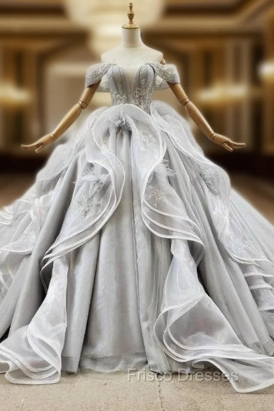 Custom Tailored Gray Ball Gown Tulle Off the Shoulder Appliques Wedding Dress Main image