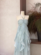 Cute A Line Halter Ruffled Floral Blue Women Long Vacation Dresses