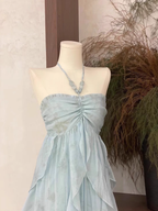 Cute A Line Halter Ruffled Floral Blue Women Long Vacation Dresses