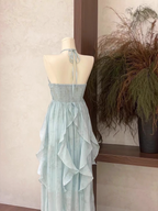 Cute A Line Halter Ruffled Floral Blue Women Long Vacation Dresses