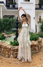 Cute A Line Halter Ruffled Floral Blue Women Long Vacation Dresses