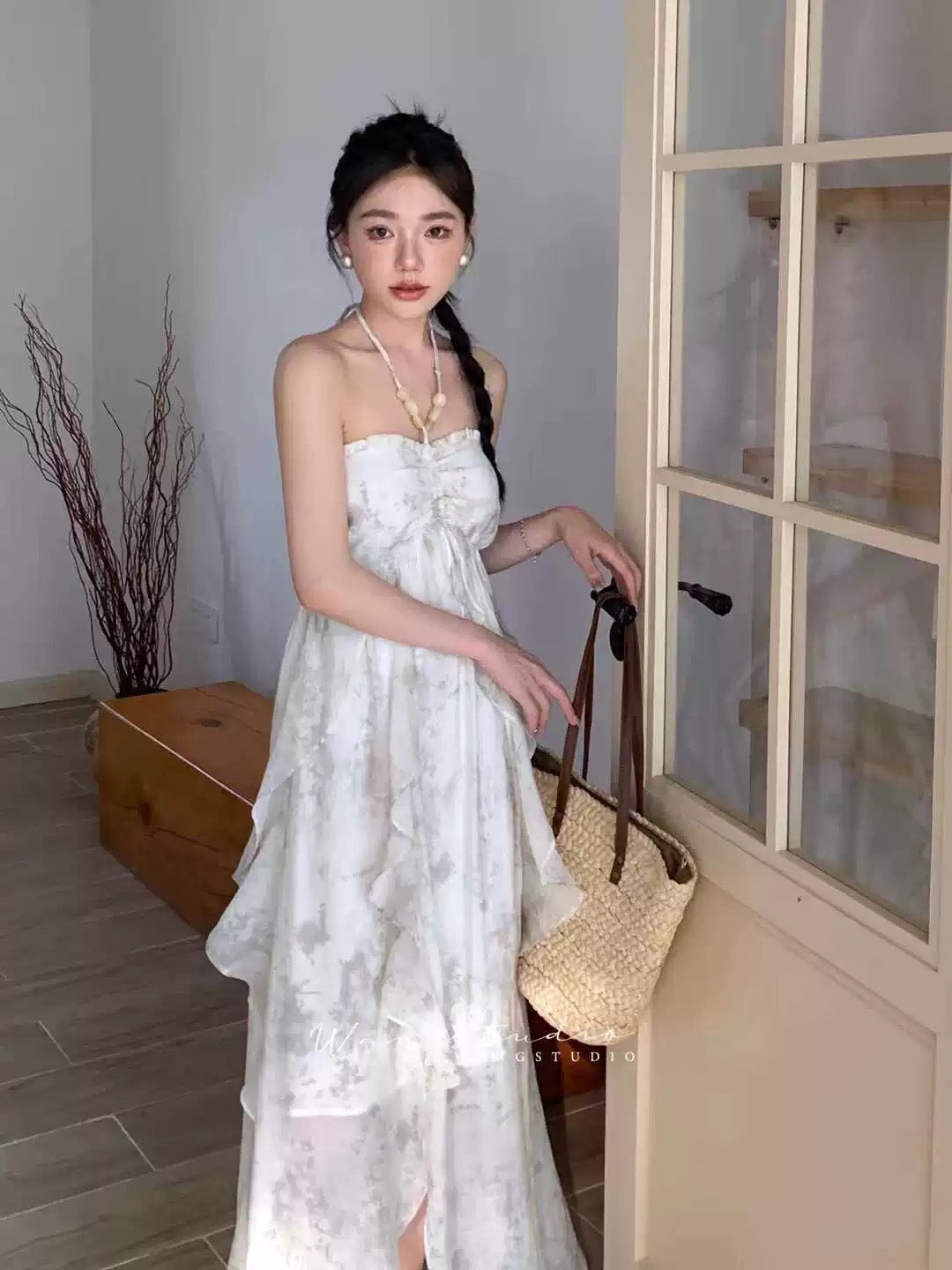 Cute A Line Halter Ruffled Floral Blue Women Long Vacation Dresses