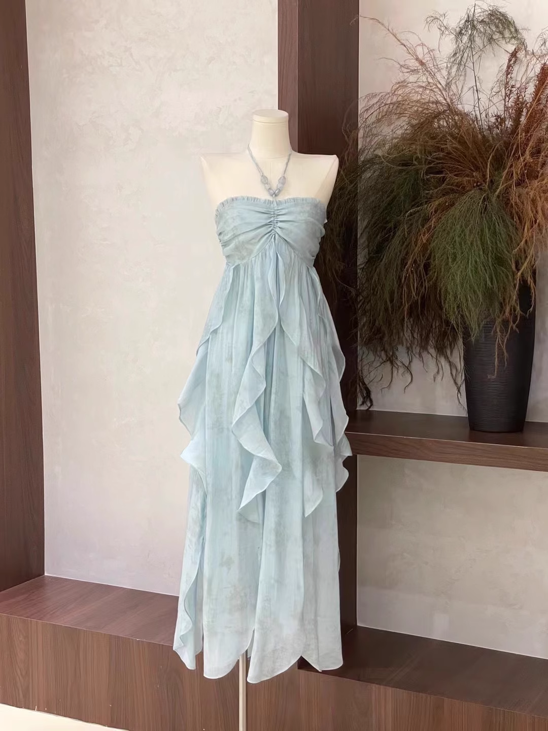 Cute A Line Halter Ruffled Floral Blue Women Long Vacation Dresses