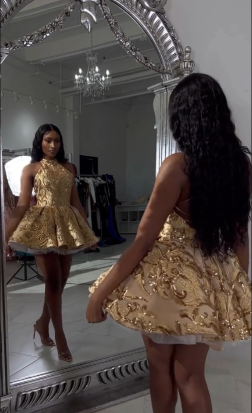 Cute A Line Halter Sequin Short Gold Homecoming Dress – Frisco Dresses