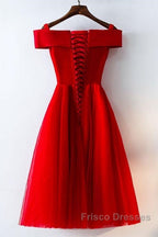 Cute A Line Off Shoulder Short Red Lace Formal Prom Dress, Short Red Bridesmaid Dress, Graduation Dress