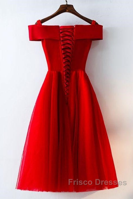 Cute A Line Off Shoulder Short Red Lace Formal Prom Dress, Short Red Bridesmaid Dress, Graduation Dress