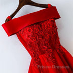 Cute A Line Off Shoulder Short Red Lace Formal Prom Dress, Short Red Bridesmaid Dress, Graduation Dress