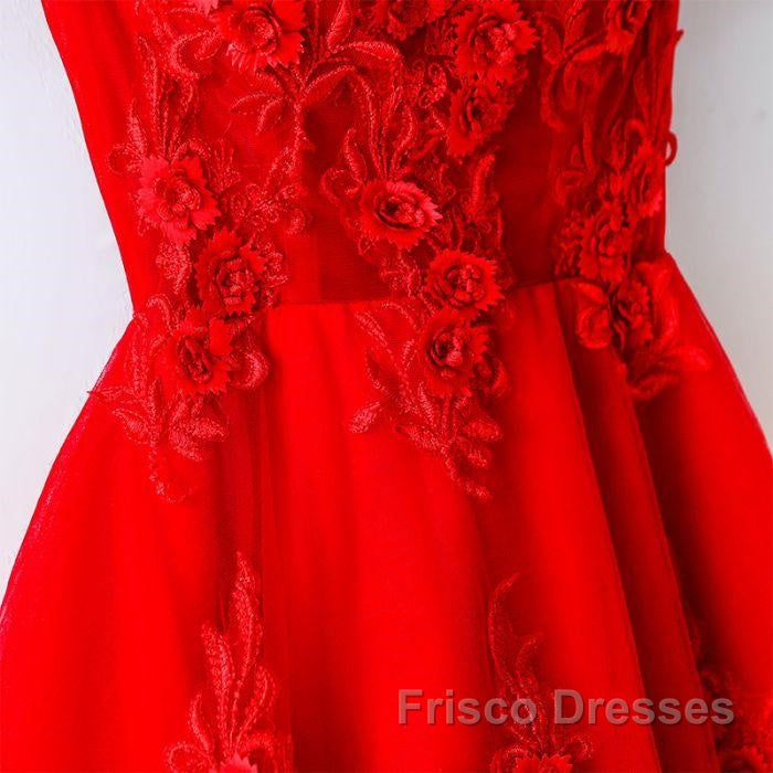 Cute A Line Off Shoulder Short Red Lace Formal Prom Dress, Short Red Bridesmaid Dress, Graduation Dress