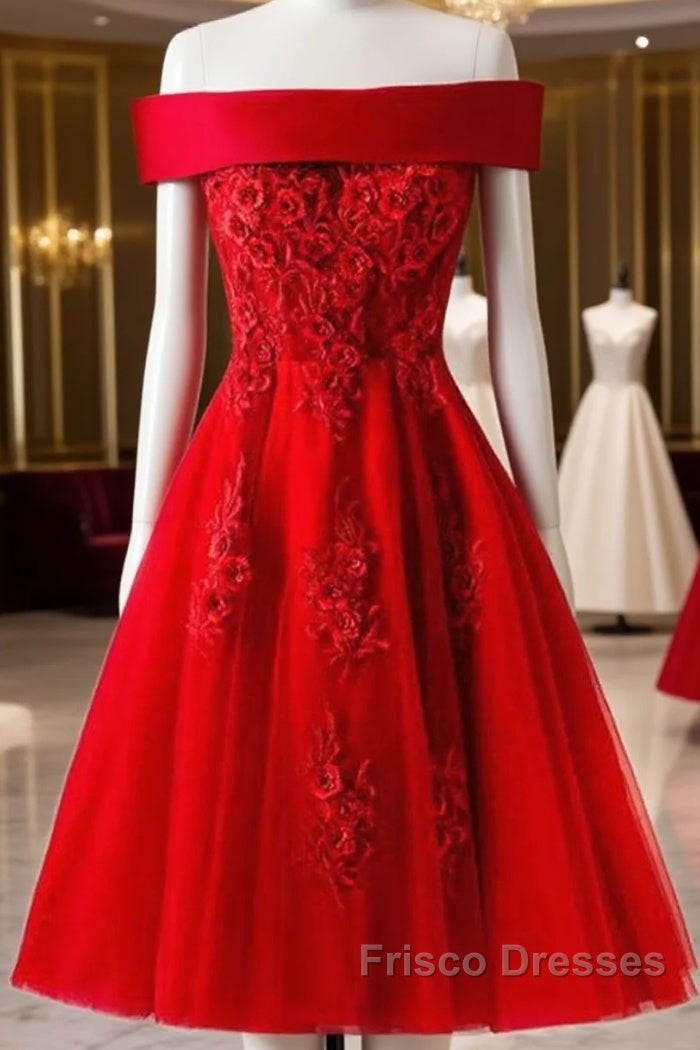 Cute A Line Off Shoulder Short Red Lace Formal Prom Dress, Short Red Bridesmaid Dress, Graduation Dress Main image