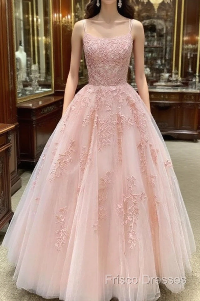Cute A Line Pink Lace Appliques Lace Formal Prom Dress