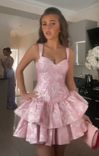 Cute A Line Pink Straps Short Summer Birthday Dress Hoco Dress Birthday Outfit 19Th Birthday Mini Party Dresses