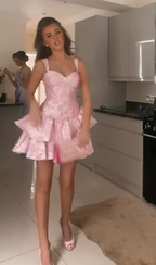 Cute A Line Pink Straps Short Summer Birthday Dress Hoco Dress Birthday Outfit 19Th Birthday Mini Party Dresses