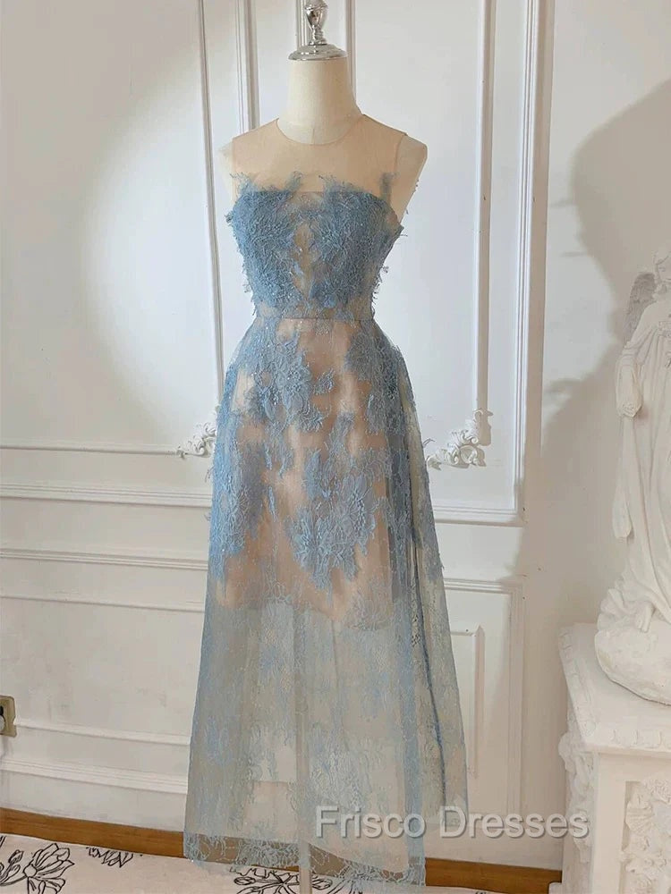 Cute A Line Scoop Neckline Lace Blue Formal Prom Dress Evening Dress