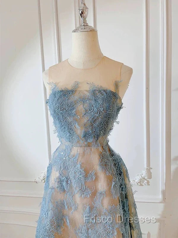Cute A Line Scoop Neckline Lace Blue Formal Prom Dress Evening Dress