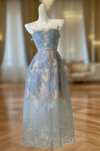 Cute A Line Scoop Neckline Lace Blue Formal Prom Dress Evening Dress