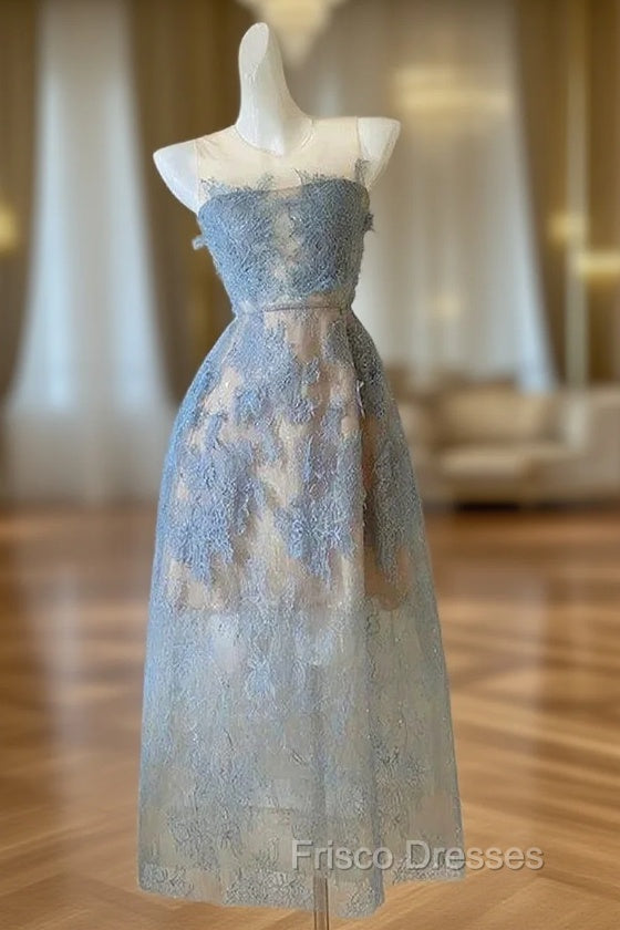Cute A Line Scoop Neckline Lace Blue Formal Prom Dress Evening Dress