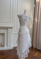 Cute A Line Spaghetti Strap Tiered Pearl White Lace Party Dress Evening Dress