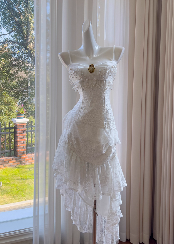 Cute A Line Spaghetti Strap Tiered Pearl White Lace Party Dress Evening Dress
