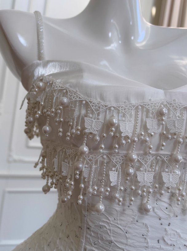 Cute A Line Spaghetti Strap Tiered Pearl White Lace Party Dress Evening Dress