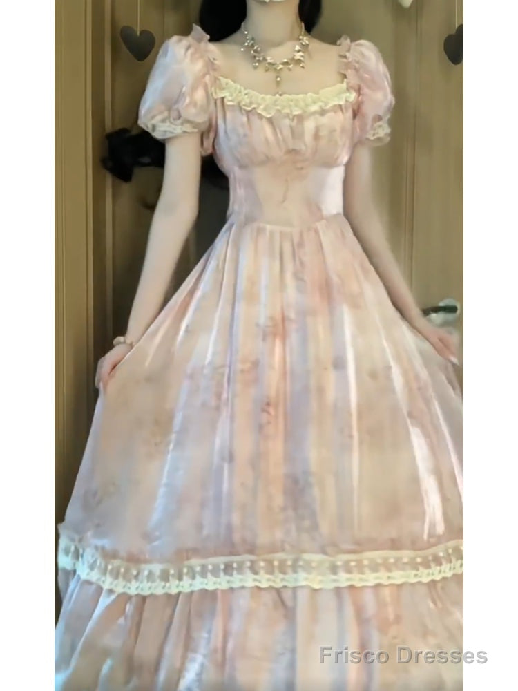 Cute A Line Square Neckline Pink Lace Long Prom Dresses Night Dress Birthday Outfits Secondary image