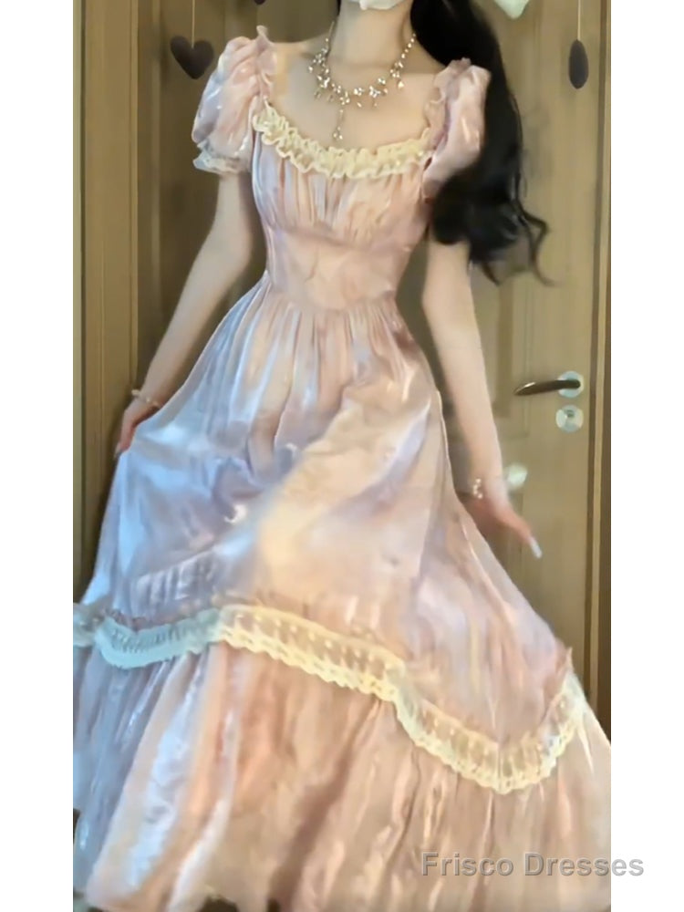 Cute A Line Square Neckline Pink Lace Long Prom Dresses Night Dress Birthday Outfits Main image