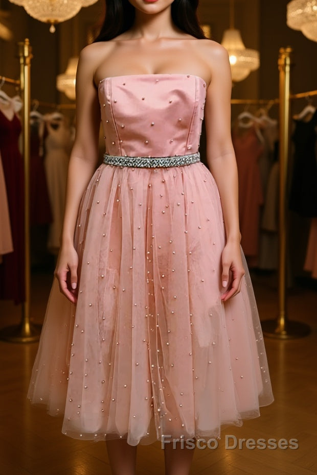 Cute A Line Strapless Beaded Pink Short Formal Prom Dresses Homecoming Dresses, Strapless Pink Formal Graduation Evening Dresses Main image