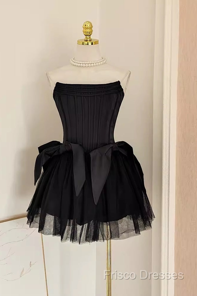 Cute A Line Strapless Black Travel Vacation Dress Short Satin Birthday Dress