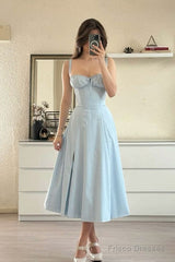Cute A Line Straps Blue Tea Length Prom Dresses Summer Birthday Dress