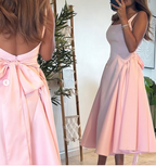 Cute A Line Straps Pink Satin Tea Length Prom Dress With Bow