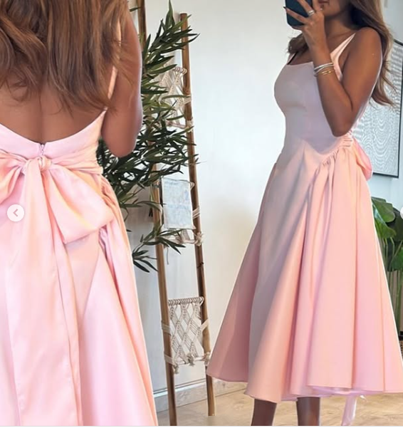 Cute A Line Straps Pink Satin Tea Length Prom Dress With Bow